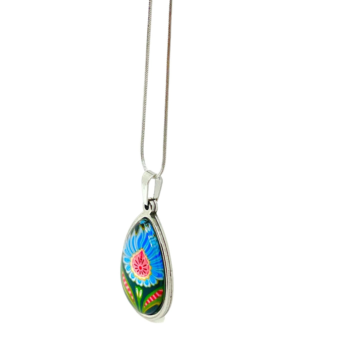 Blue Fuzzy Flower Teardrop Necklace, Boho Vintage Pendant, Unique Bohemian Necklace, Gift for her, Hippie Retro Chain, BohoLoveObsession