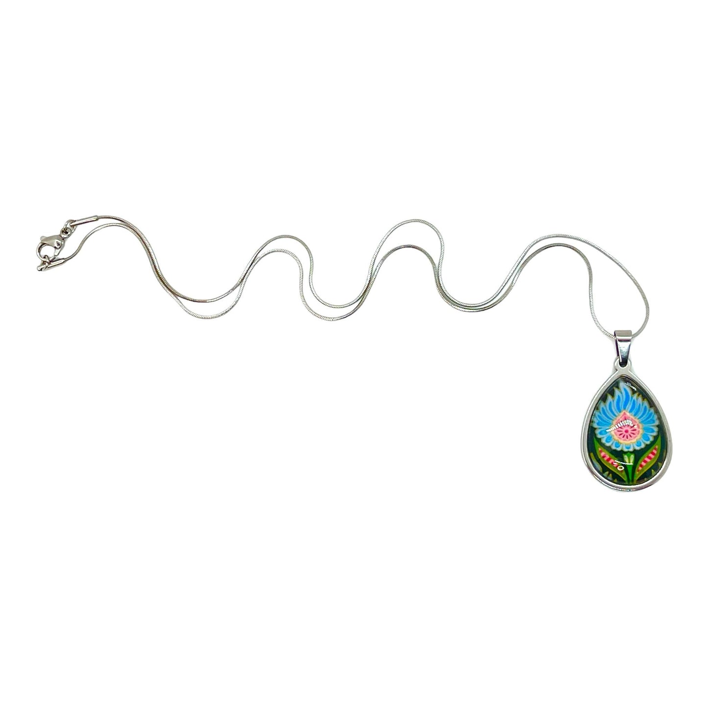 Blue Fuzzy Flower Teardrop Necklace, Boho Vintage Pendant, Unique Bohemian Necklace, Gift for her, Hippie Retro Chain, BohoLoveObsession
