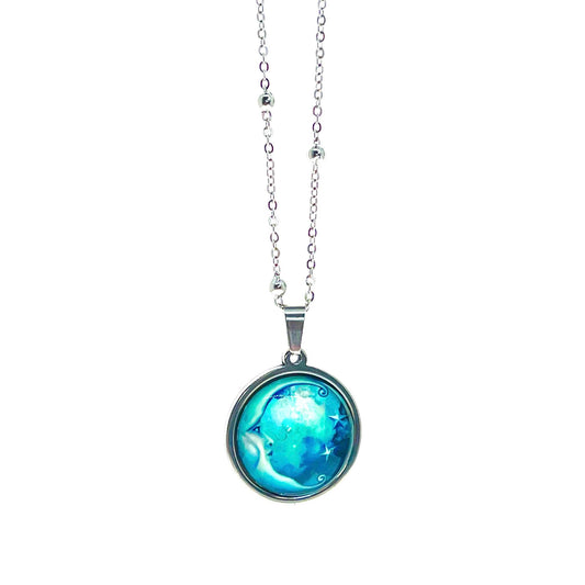 Antique Blue Moon Necklace, Celestial Boho Pendant, Mystical Bohemian Jewelry, Hippie Retro Chain, Space Star Charm, BohoLoveObsession