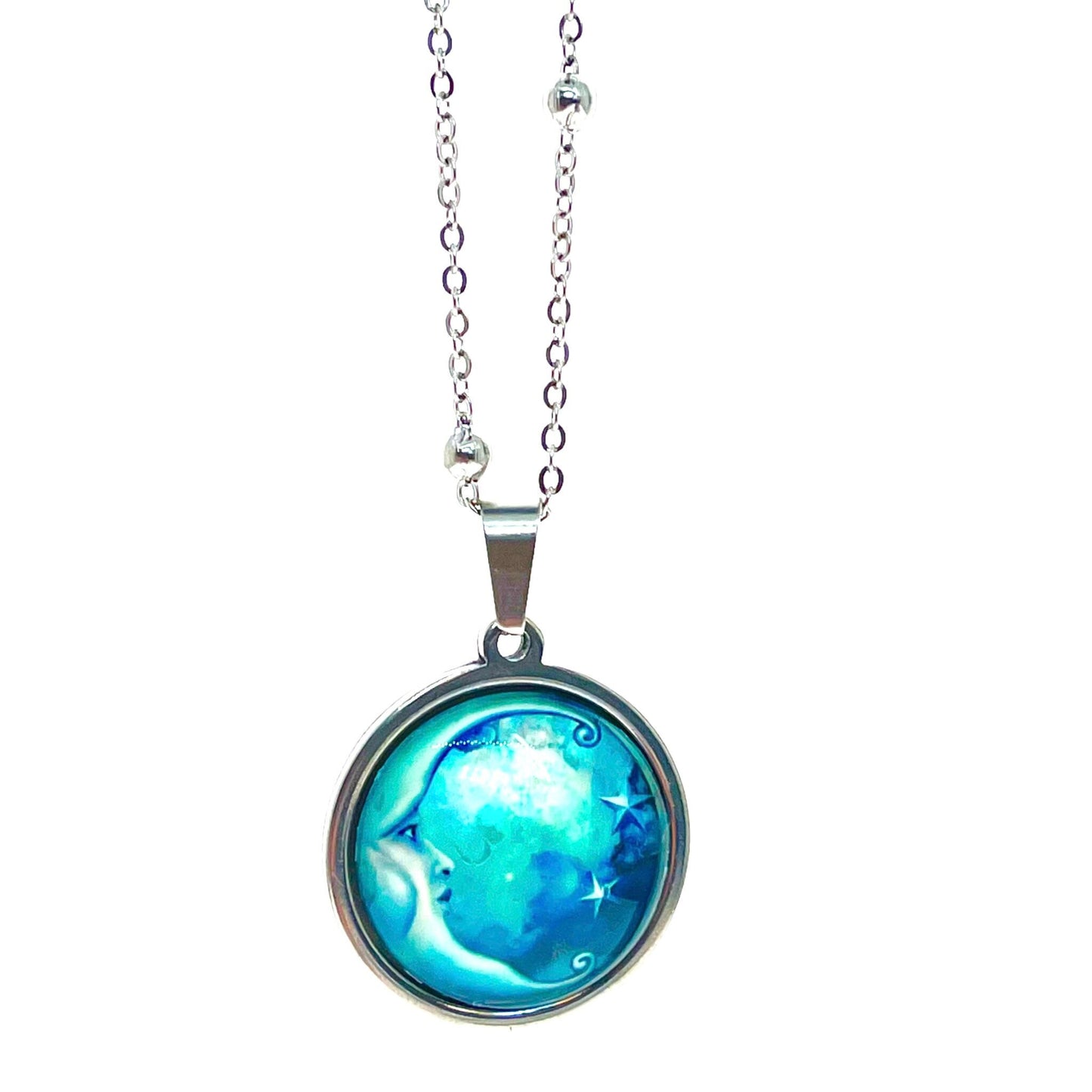 Antique Blue Moon Necklace, Celestial Boho Pendant, Mystical Bohemian Jewelry, Hippie Retro Chain, Space Star Charm, BohoLoveObsession