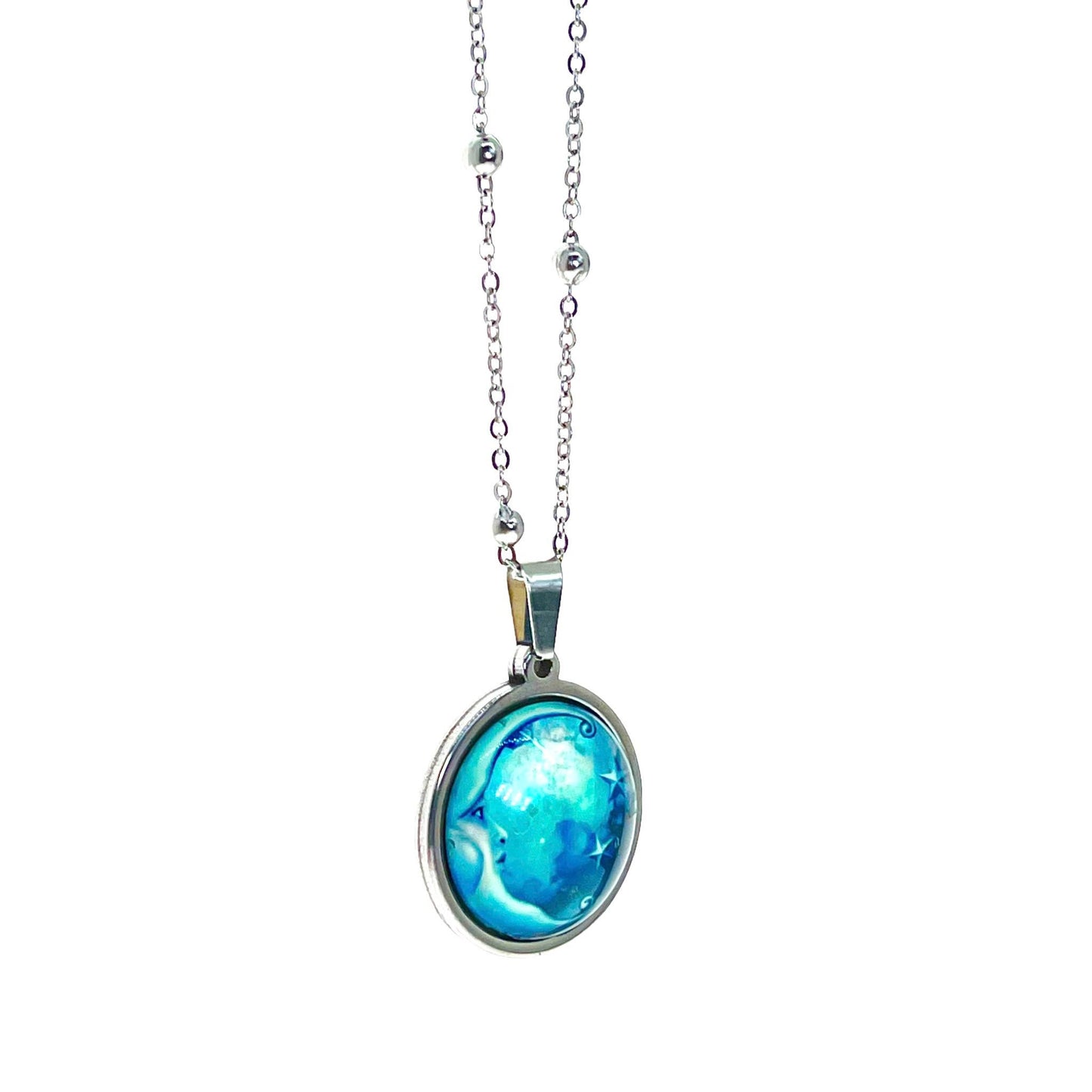 Antique Blue Moon Necklace, Celestial Boho Pendant, Mystical Bohemian Jewelry, Hippie Retro Chain, Space Star Charm, BohoLoveObsession