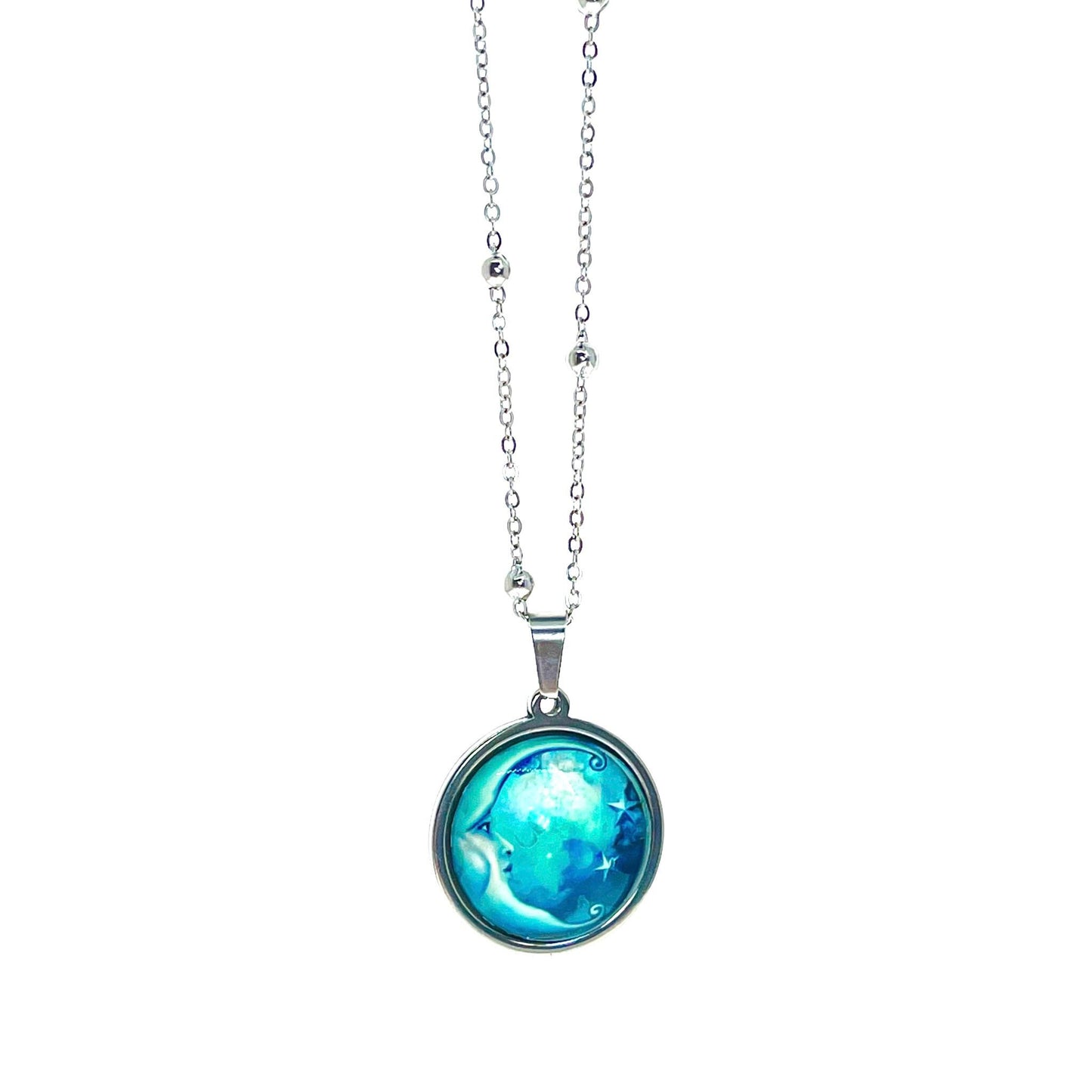 Antique Blue Moon Necklace, Celestial Boho Pendant, Mystical Bohemian Jewelry, Hippie Retro Chain, Space Star Charm, BohoLoveObsession