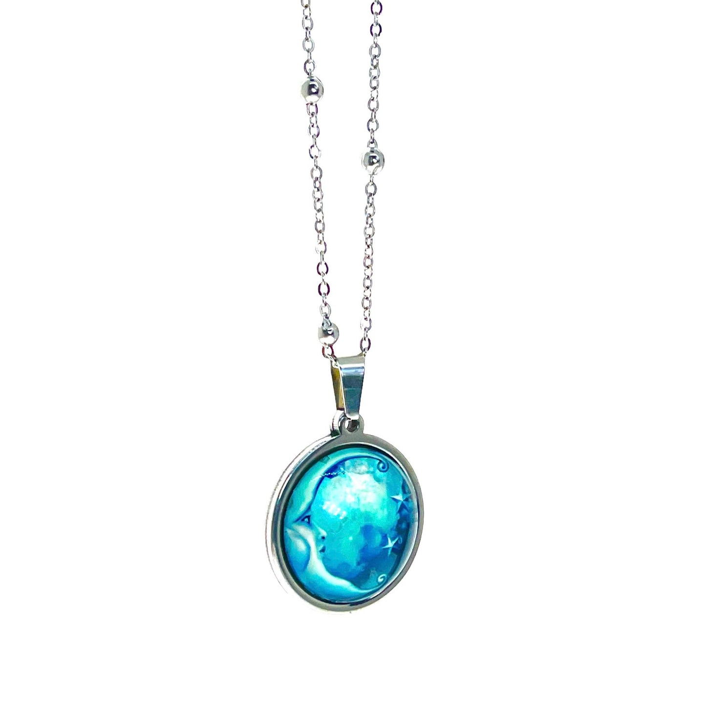 Antique Blue Moon Necklace, Celestial Boho Pendant, Mystical Bohemian Jewelry, Hippie Retro Chain, Space Star Charm, BohoLoveObsession