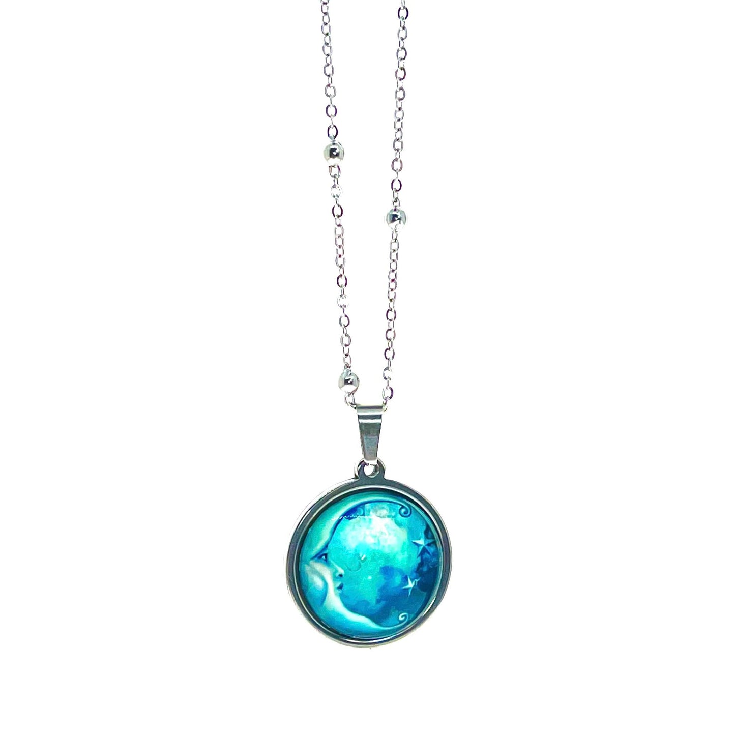 Antique Blue Moon Necklace, Celestial Boho Pendant, Mystical Bohemian Jewelry, Hippie Retro Chain, Space Star Charm, BohoLoveObsession