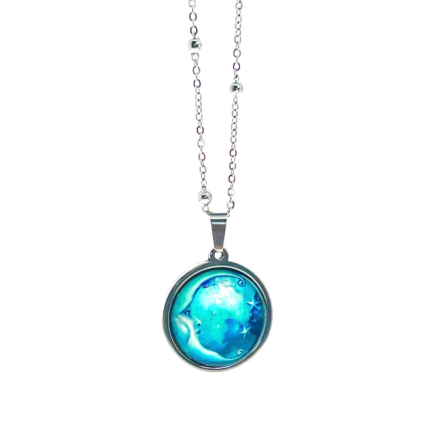 Antique Blue Moon Necklace, Celestial Boho Pendant, Mystical Bohemian Jewelry, Hippie Retro Chain, Space Star Charm, BohoLoveObsession