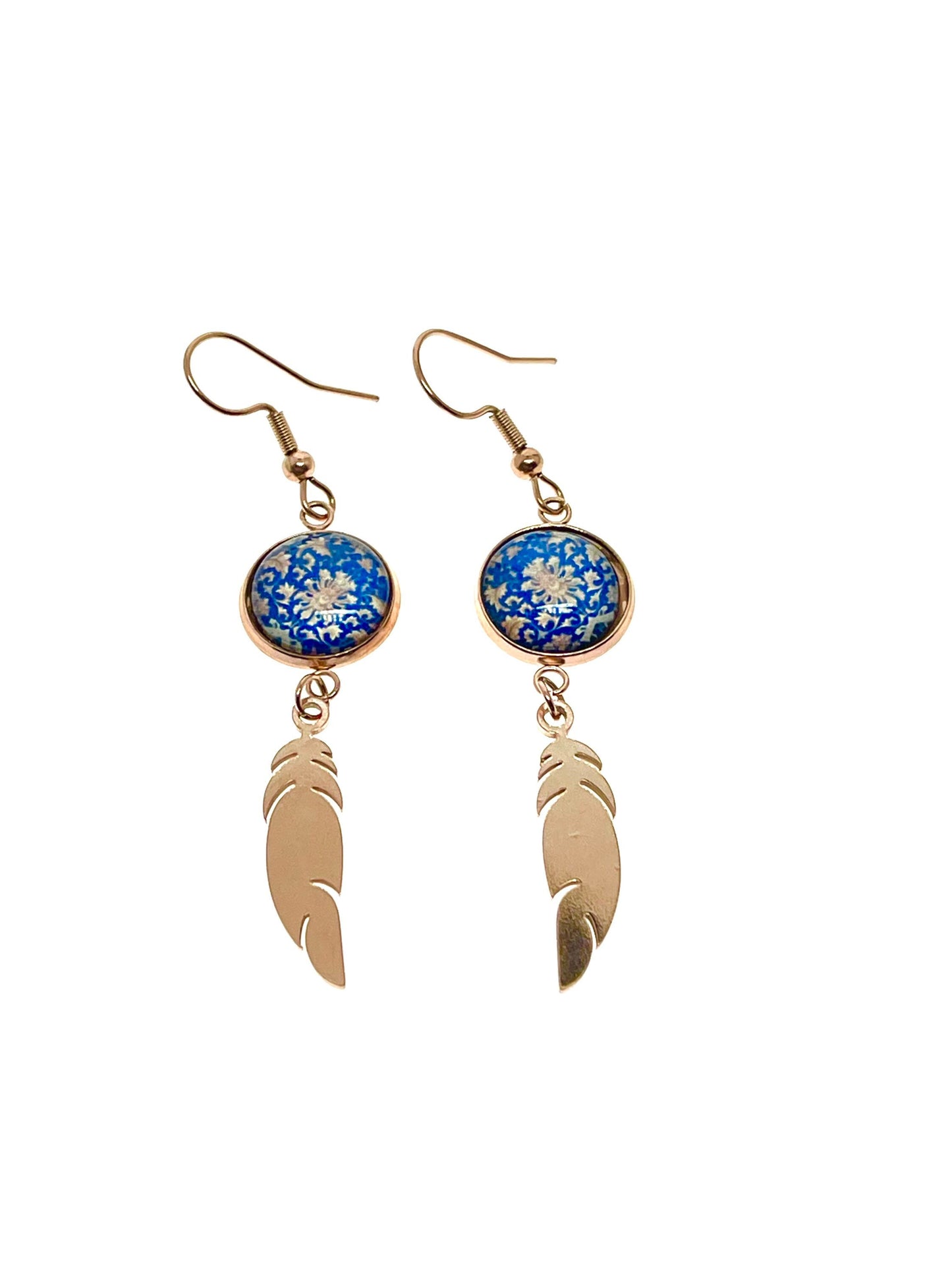 Blue Buttercup Feather Earrings, Rose Gold Drop Dangle Accessory, Small Photo Glass Earrings, Womens Ear Wire Jewelry, Boho Love Obsession