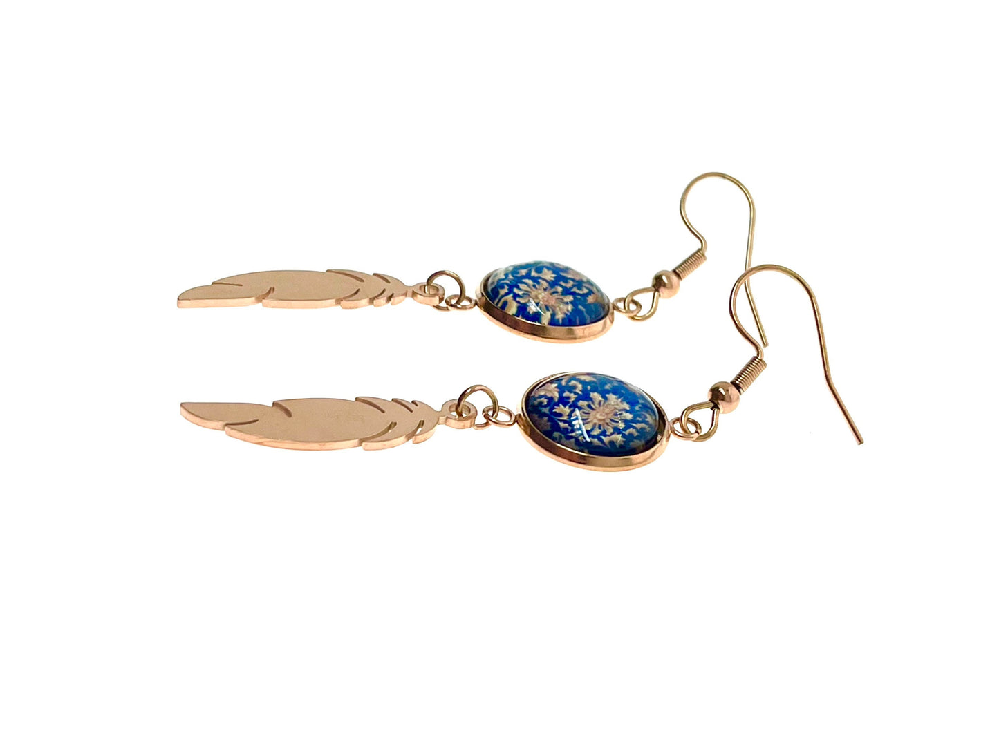 Blue Buttercup Feather Earrings, Rose Gold Drop Dangle Accessory, Small Photo Glass Earrings, Womens Ear Wire Jewelry, Boho Love Obsession