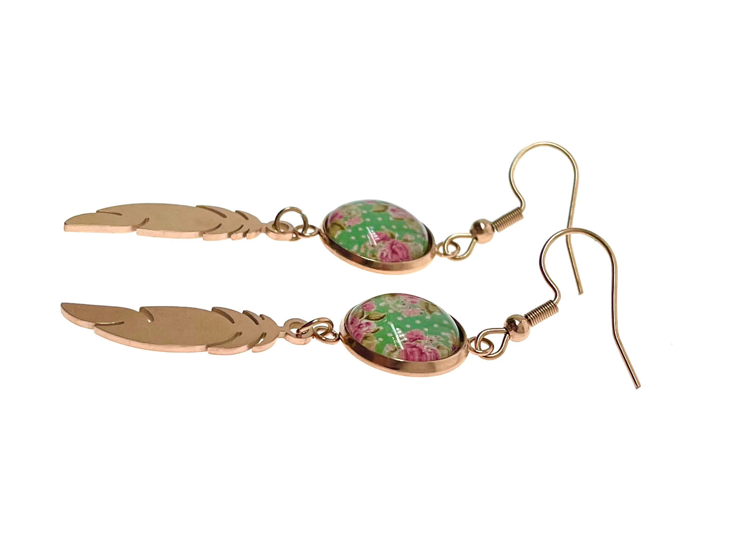 Minty Feather Earrings, Rose Gold Womens Jewelry, Bohemian Ear Charm, Drop Dangle Accessory, Retro Gypsy Ear Wire, Boho Love Obsession