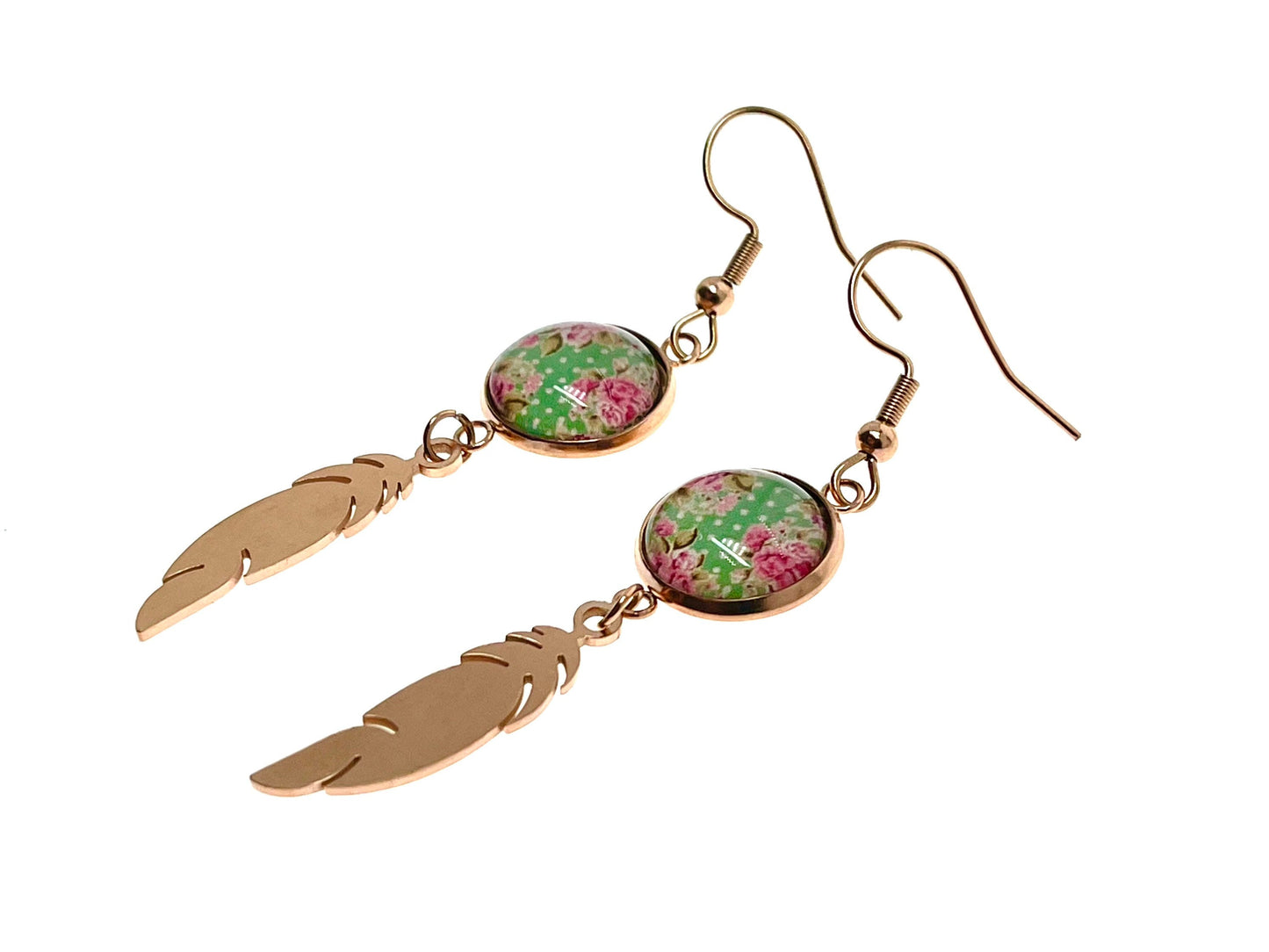 Minty Feather Earrings, Rose Gold Womens Jewelry, Bohemian Ear Charm, Drop Dangle Accessory, Retro Gypsy Ear Wire, Boho Love Obsession
