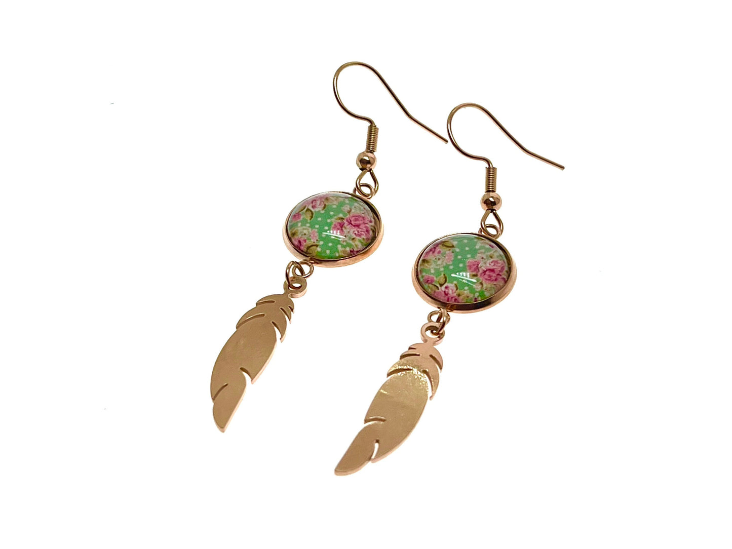 Minty Feather Earrings, Rose Gold Womens Jewelry, Bohemian Ear Charm, Drop Dangle Accessory, Retro Gypsy Ear Wire, Boho Love Obsession