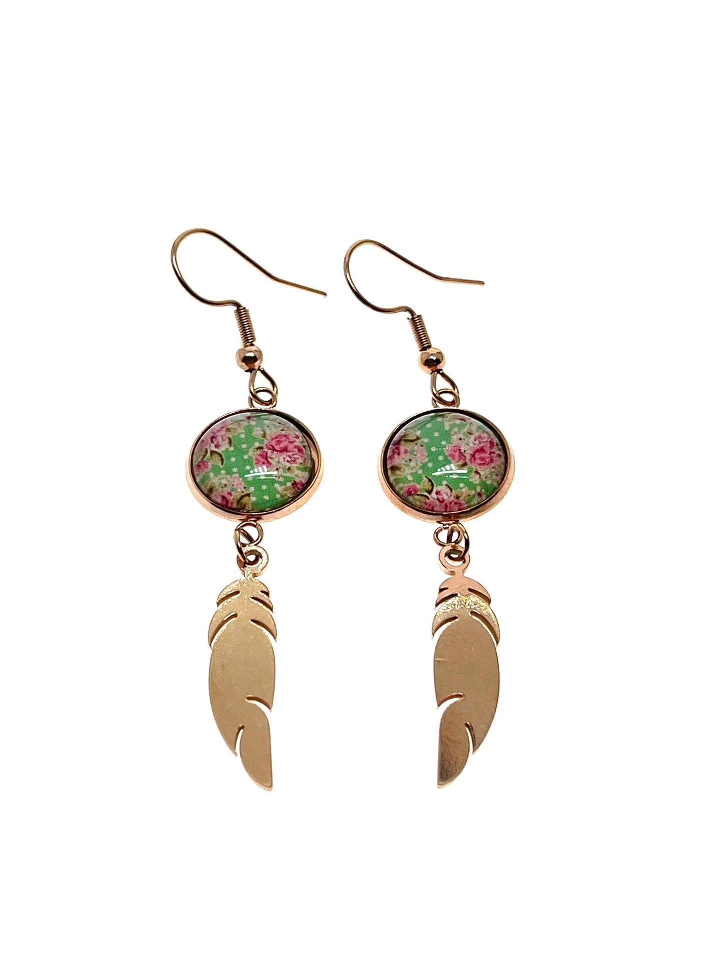 Minty Feather Earrings, Rose Gold Womens Jewelry, Bohemian Ear Charm, Drop Dangle Accessory, Retro Gypsy Ear Wire, Boho Love Obsession