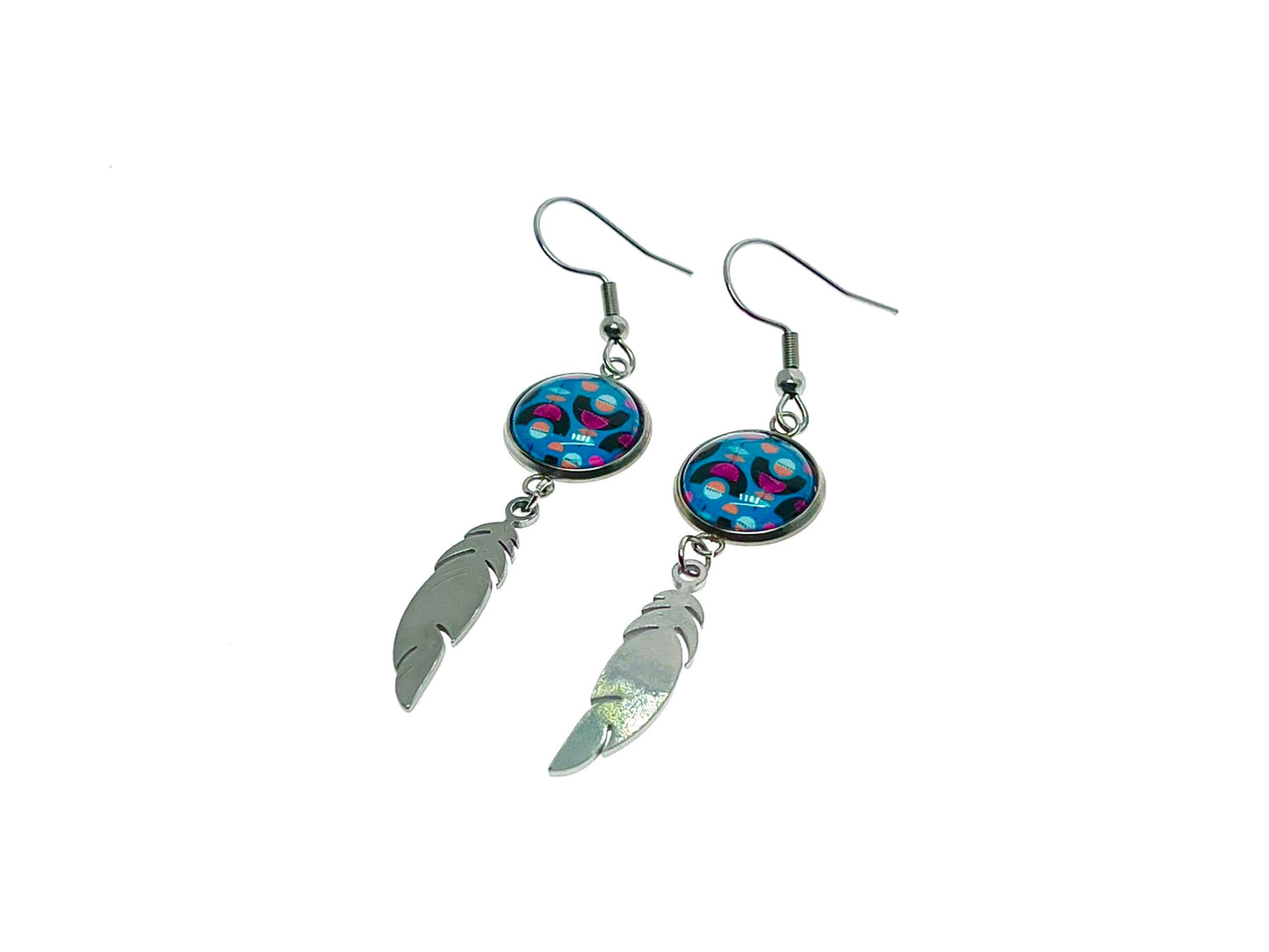 Blue Moon Child Feather Earrings, Bohemian Drop Dangle Accessory, Small Photo Glass Cabochon Charm, Womens Jewelry, Boho Love Obsession
