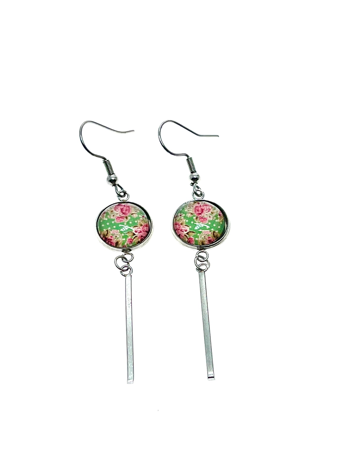 Minty Long Bar Earrings, Bohemian Womens Ear Charm, Boho Vintage Jewelry, Retro Polka Dot Accessory, Antique Ear Wire, BohoLoveObsession