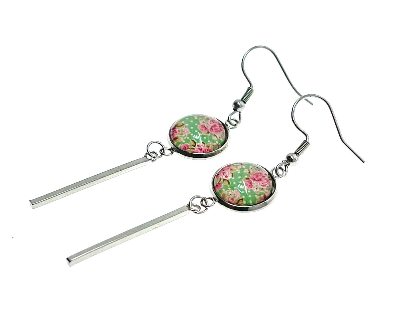 Minty Long Bar Earrings, Bohemian Womens Ear Charm, Boho Vintage Jewelry, Retro Polka Dot Accessory, Antique Ear Wire, BohoLoveObsession