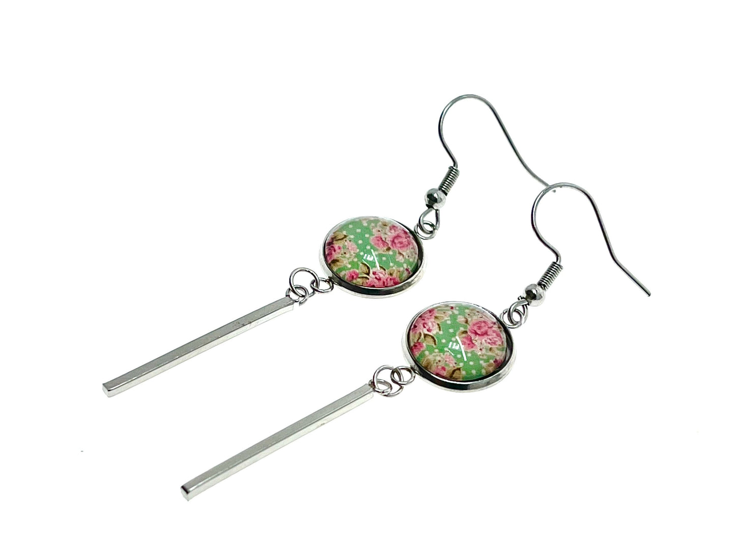 Minty Long Bar Earrings, Bohemian Womens Ear Charm, Boho Vintage Jewelry, Retro Polka Dot Accessory, Antique Ear Wire, BohoLoveObsession