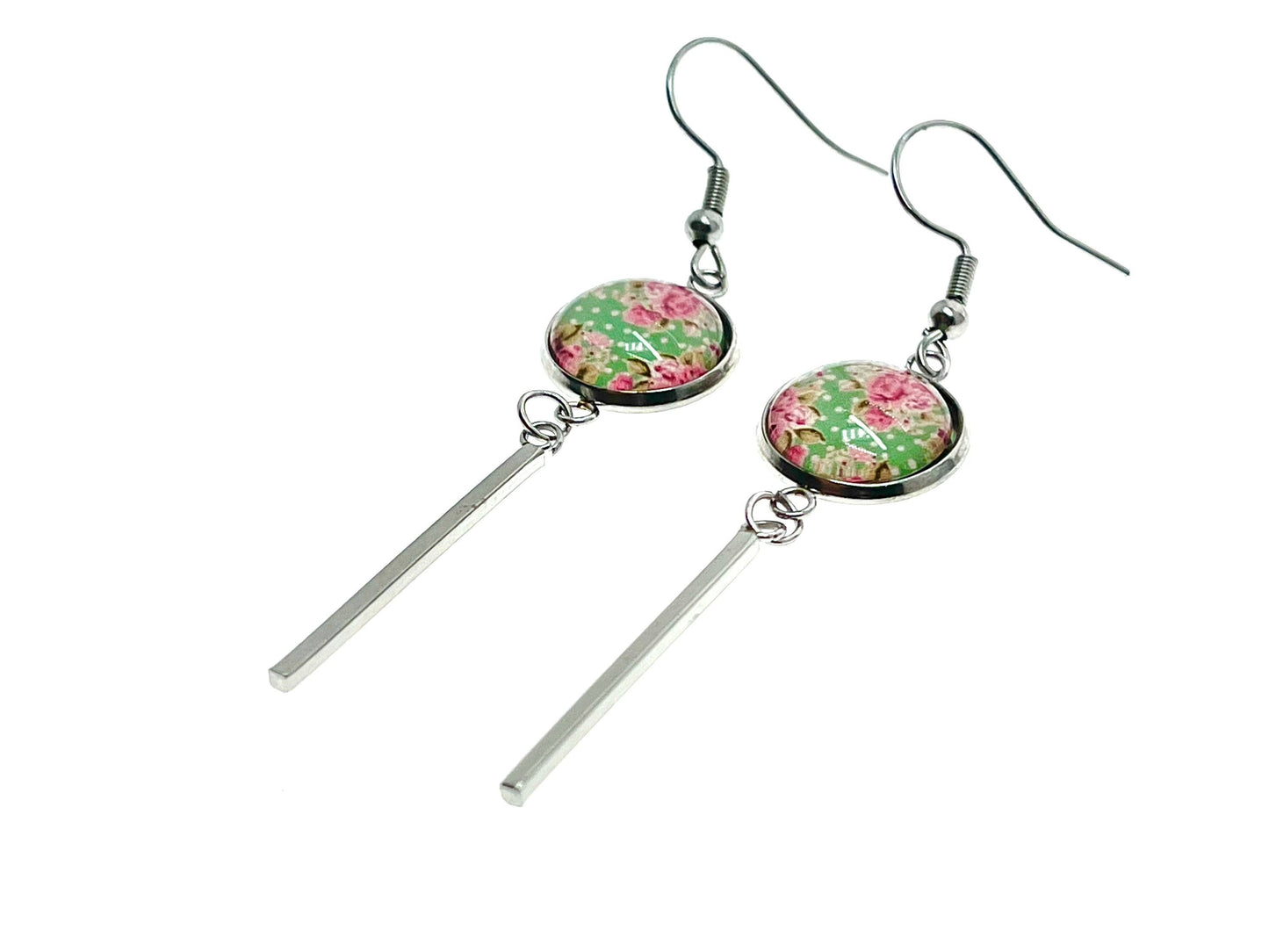 Minty Long Bar Earrings, Bohemian Womens Ear Charm, Boho Vintage Jewelry, Retro Polka Dot Accessory, Antique Ear Wire, BohoLoveObsession