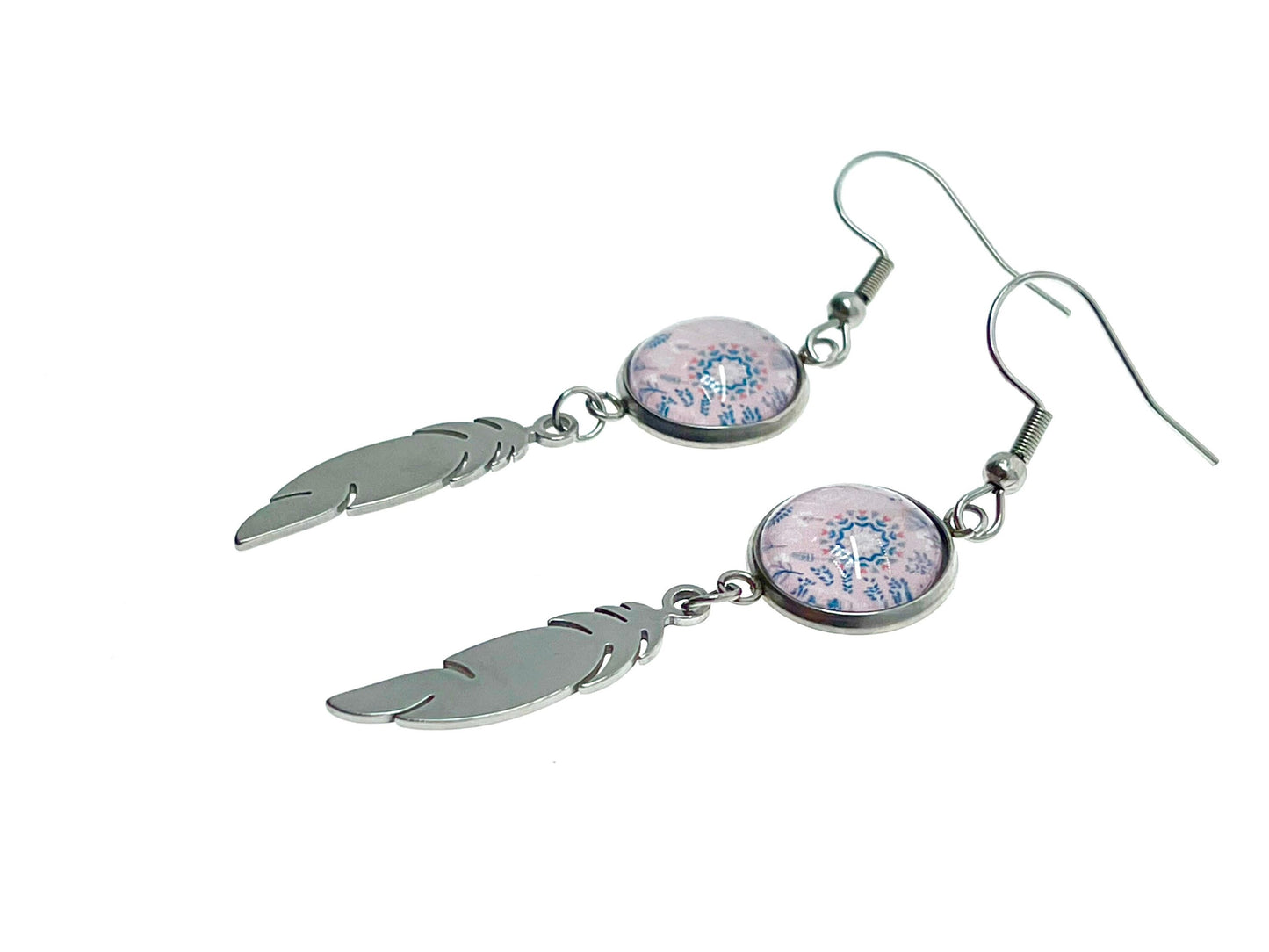 Pretty In Pink Feather Earrings, Mandala Stainless Steel Bohemian Accessory, Retro Gypsy Womens Small Jewelry, BohoLoveObsession