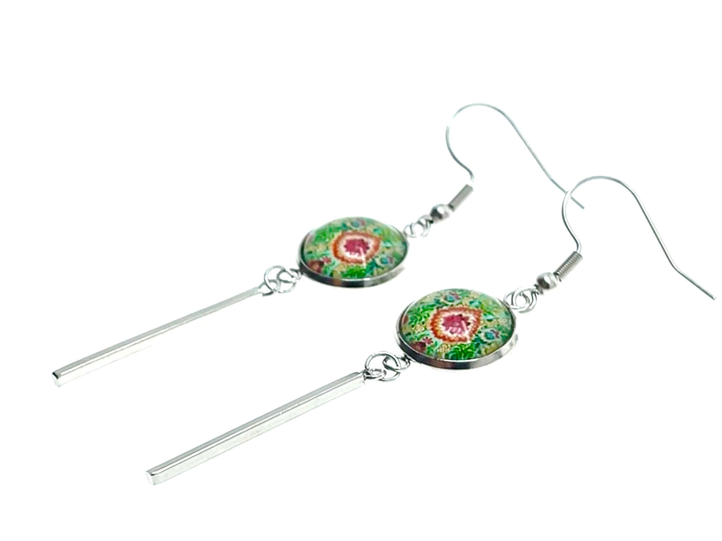 Pistachio Mandala Long Bar Earrings, Bohemian Rustic Jewelry, Small Womens Ear Charm, Retro Ear Wire, Hippie Accessory, BohoLoveObsession