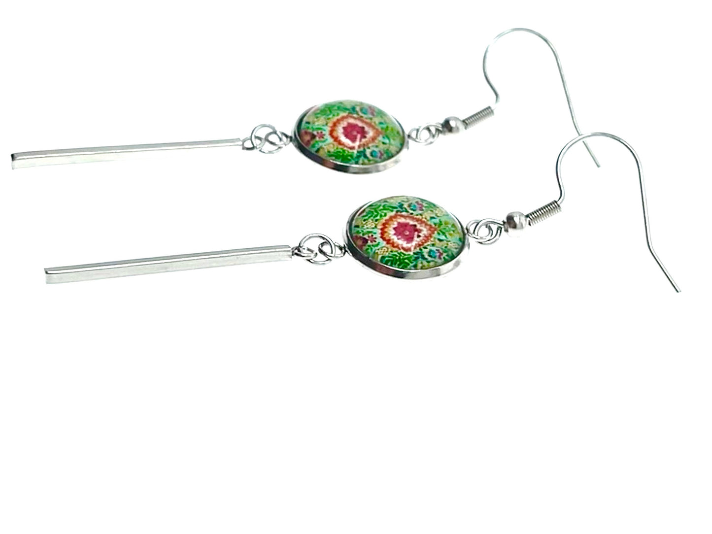 Pistachio Mandala Long Bar Earrings, Bohemian Rustic Jewelry, Small Womens Ear Charm, Retro Ear Wire, Hippie Accessory, BohoLoveObsession