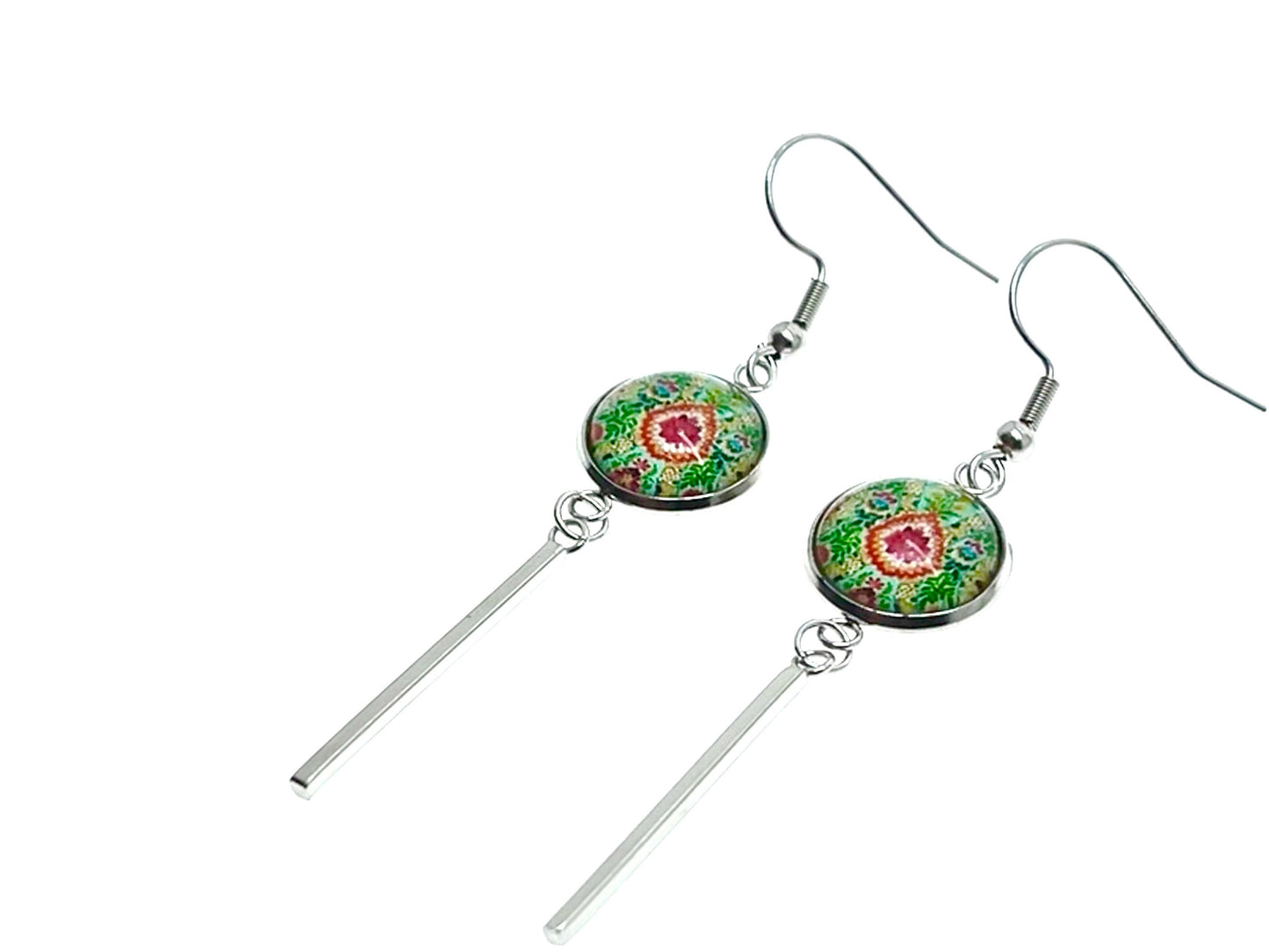 Pistachio Mandala Long Bar Earrings, Bohemian Rustic Jewelry, Small Womens Ear Charm, Retro Ear Wire, Hippie Accessory, BohoLoveObsession