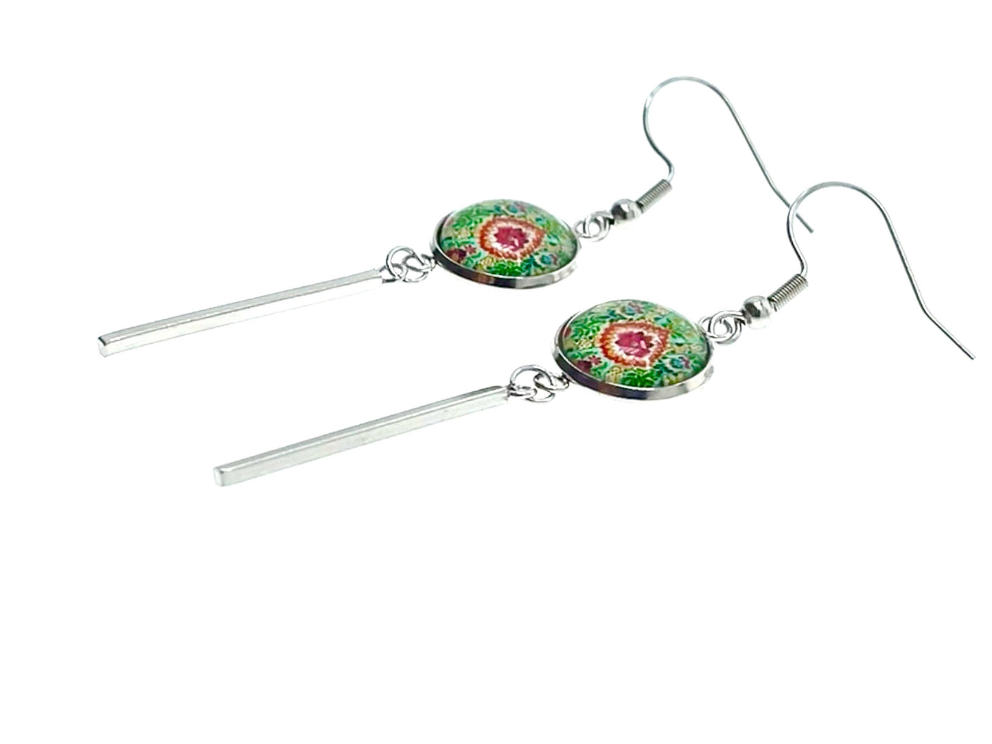 Pistachio Mandala Long Bar Earrings, Bohemian Rustic Jewelry, Small Womens Ear Charm, Retro Ear Wire, Hippie Accessory, BohoLoveObsession
