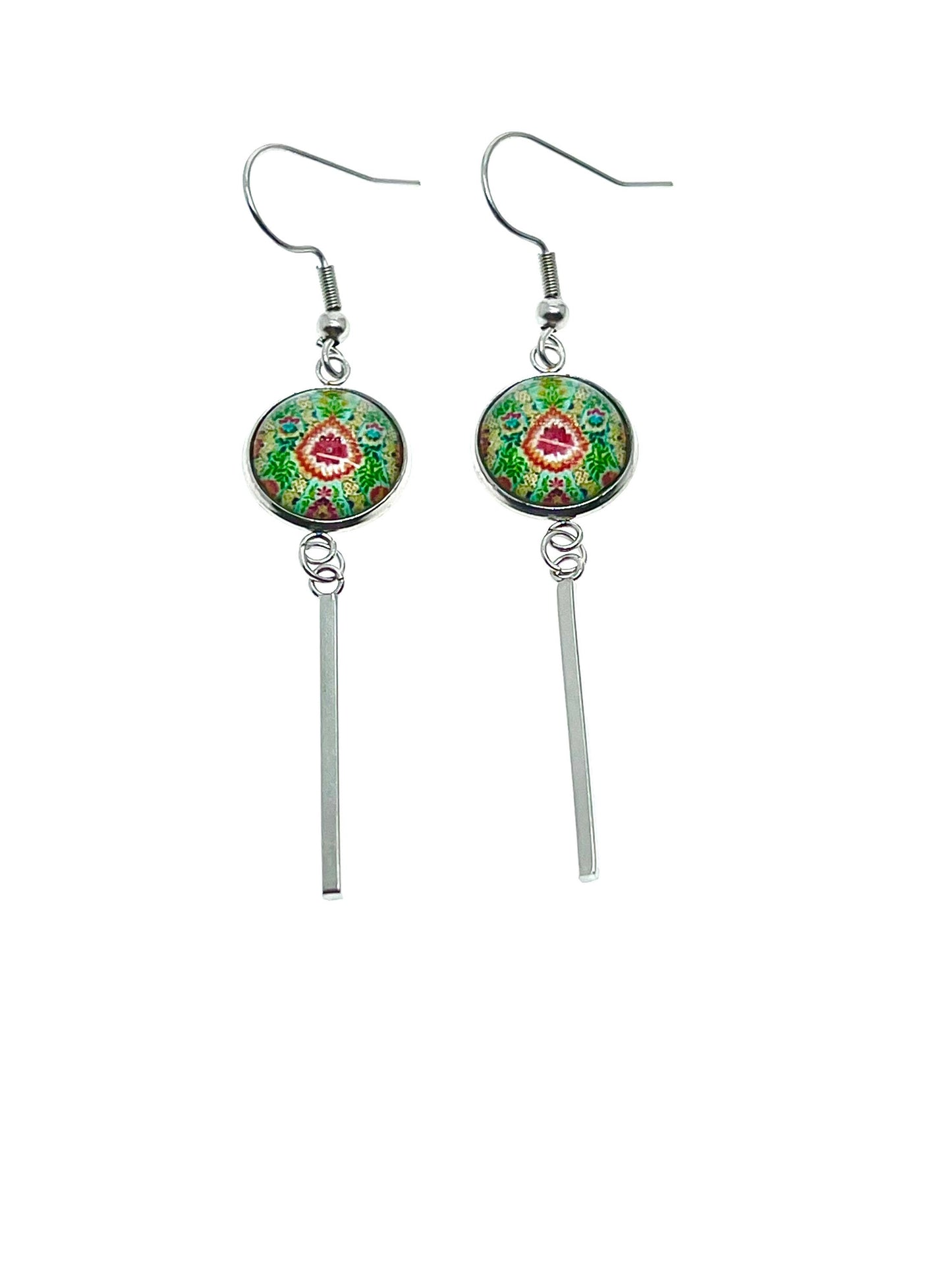 Pistachio Mandala Long Bar Earrings, Bohemian Rustic Jewelry, Small Womens Ear Charm, Retro Ear Wire, Hippie Accessory, BohoLoveObsession