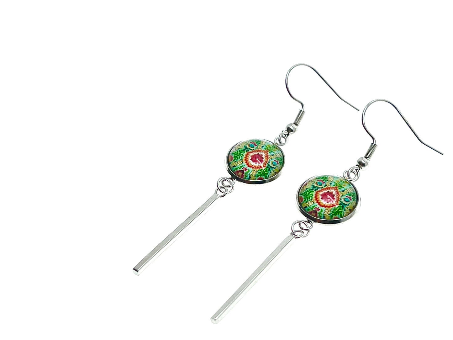 Pistachio Mandala Long Bar Earrings, Bohemian Rustic Jewelry, Small Womens Ear Charm, Retro Ear Wire, Hippie Accessory, BohoLoveObsession