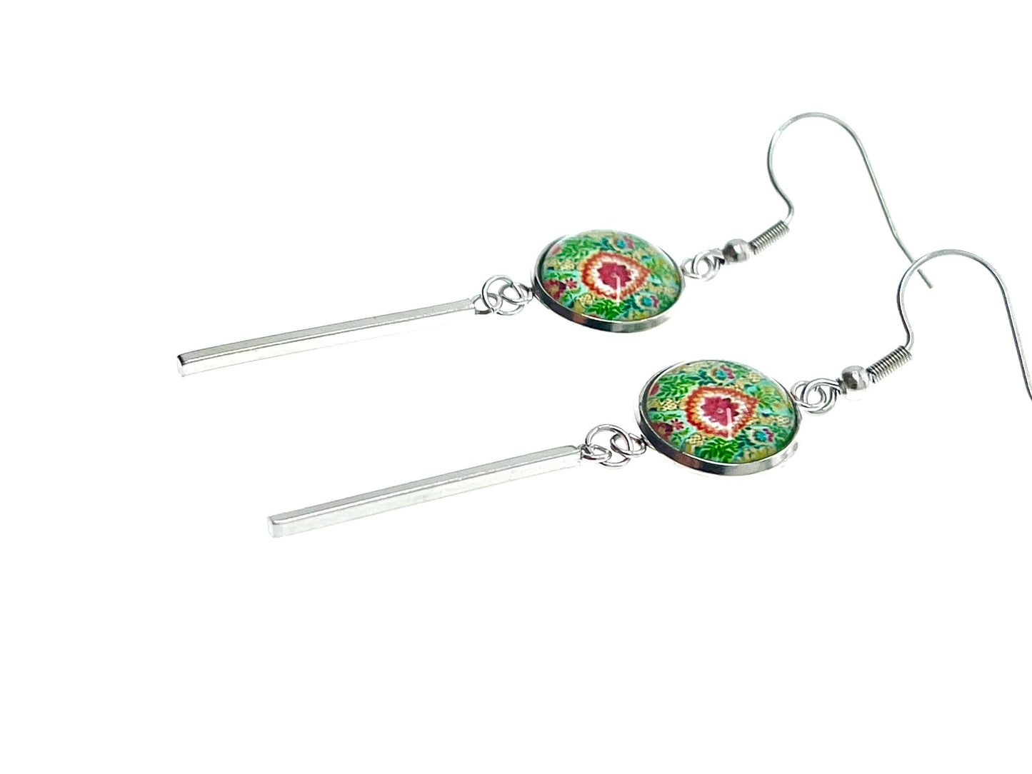 Pistachio Mandala Long Bar Earrings, Bohemian Rustic Jewelry, Small Womens Ear Charm, Retro Ear Wire, Hippie Accessory, BohoLoveObsession