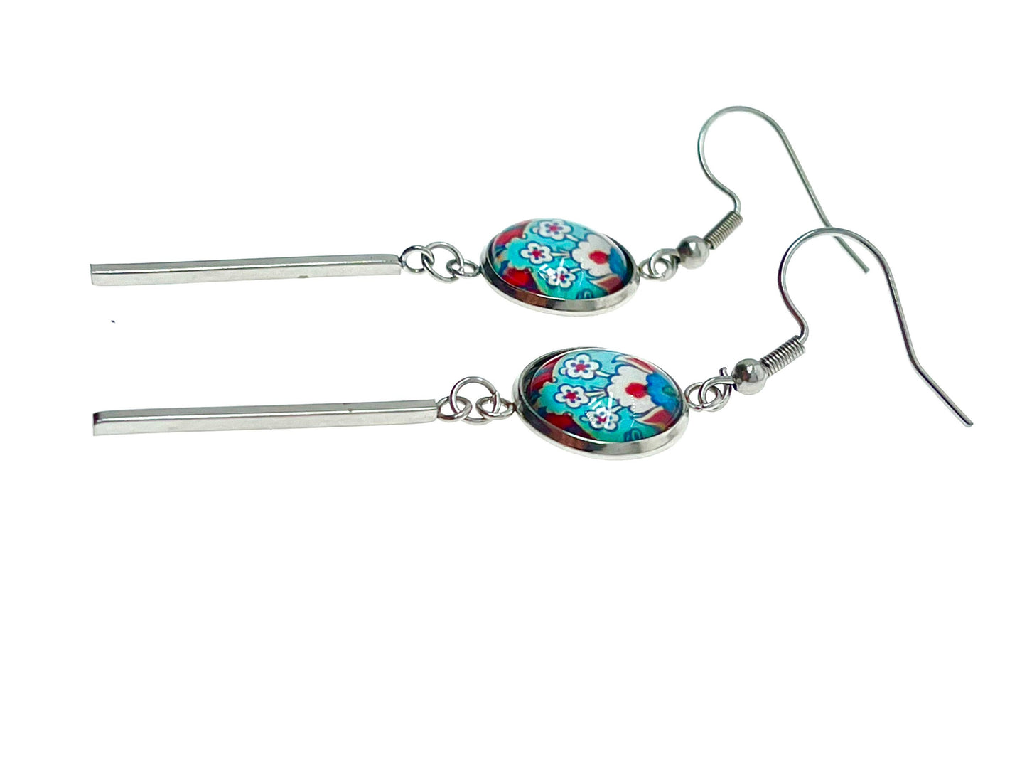 Frilly Flower Long Bar Earrings, Small Cabochon Jewelry, Stainless Steel Ear Wire, Unique Bohemian Accessory, Retro Charm, BohoLoveObsession
