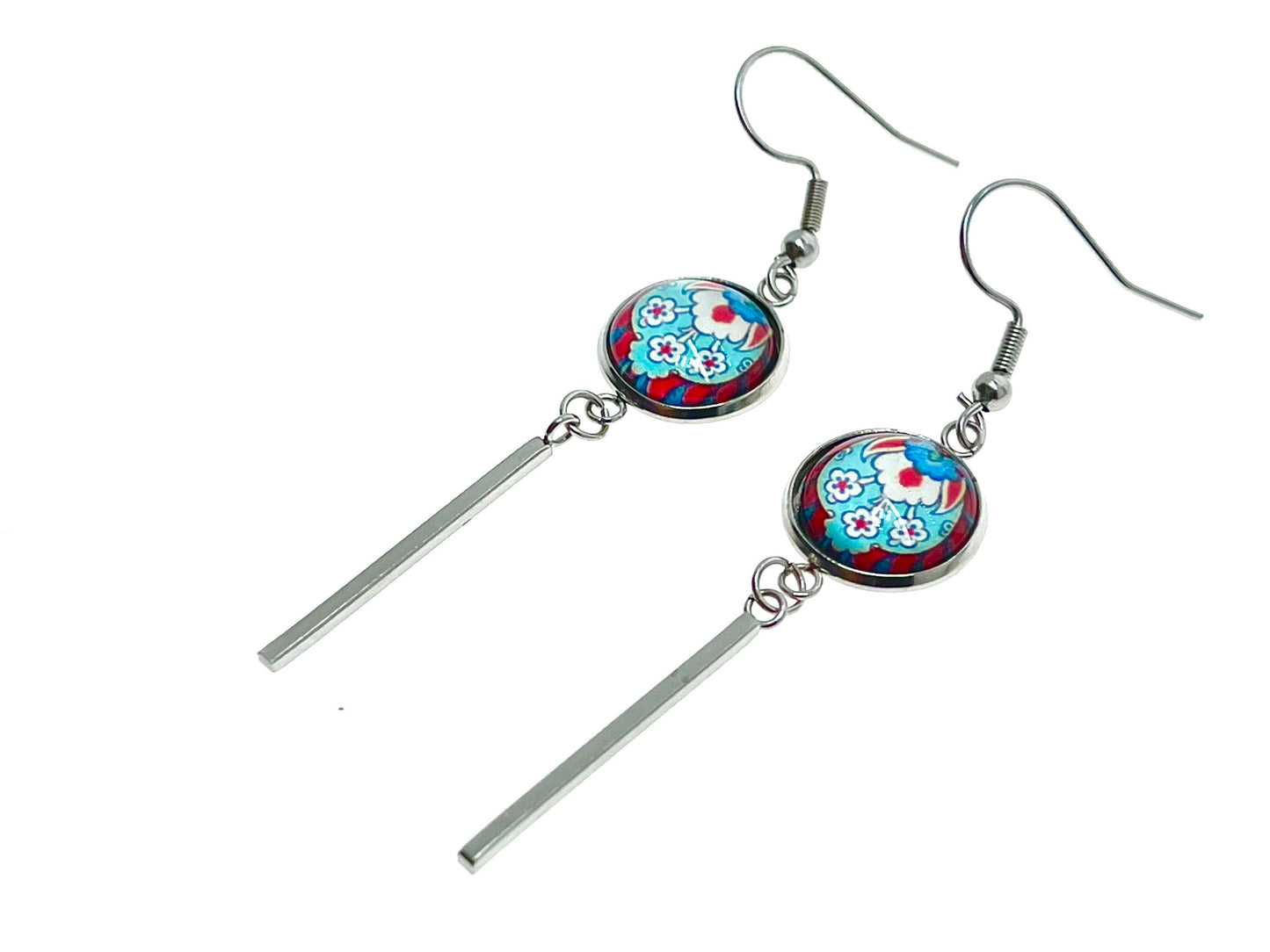 Frilly Flower Long Bar Earrings, Small Cabochon Jewelry, Stainless Steel Ear Wire, Unique Bohemian Accessory, Retro Charm, BohoLoveObsession