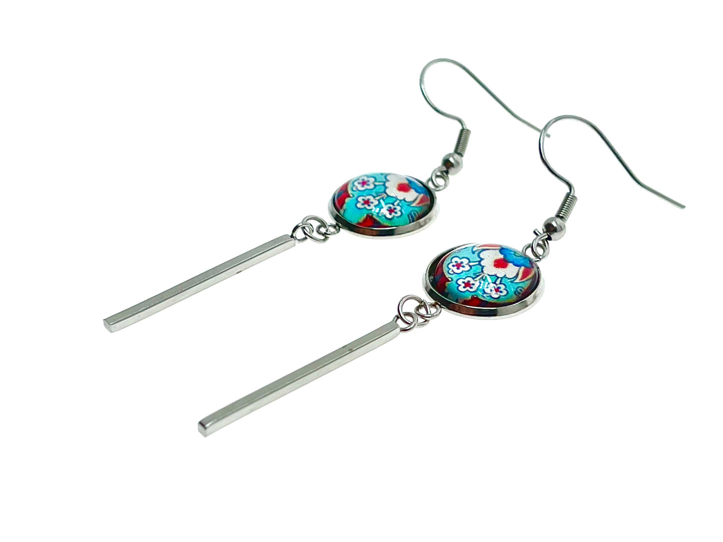 Frilly Flower Long Bar Earrings, Small Cabochon Jewelry, Stainless Steel Ear Wire, Unique Bohemian Accessory, Retro Charm, BohoLoveObsession