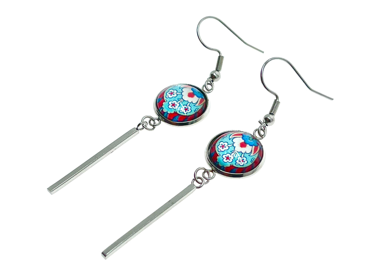 Frilly Flower Long Bar Earrings, Small Cabochon Jewelry, Stainless Steel Ear Wire, Unique Bohemian Accessory, Retro Charm, BohoLoveObsession