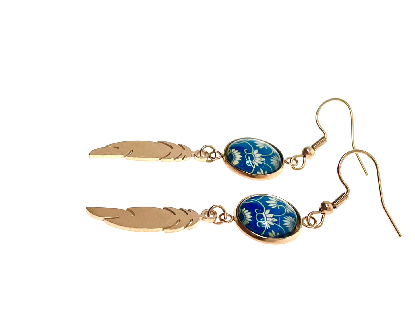 Blue Belle Feather Earrings, Rose Gold Drop Dangle Accessory, Small Photo Glass Cabochon Charm, Ear Wire for Woman, Boho Love Obsession