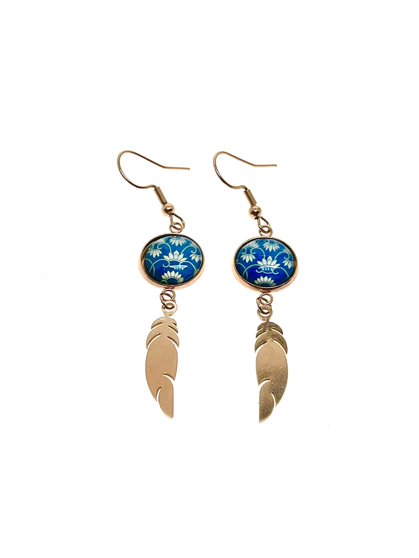Blue Belle Feather Earrings, Rose Gold Drop Dangle Accessory, Small Photo Glass Cabochon Charm, Ear Wire for Woman, Boho Love Obsession