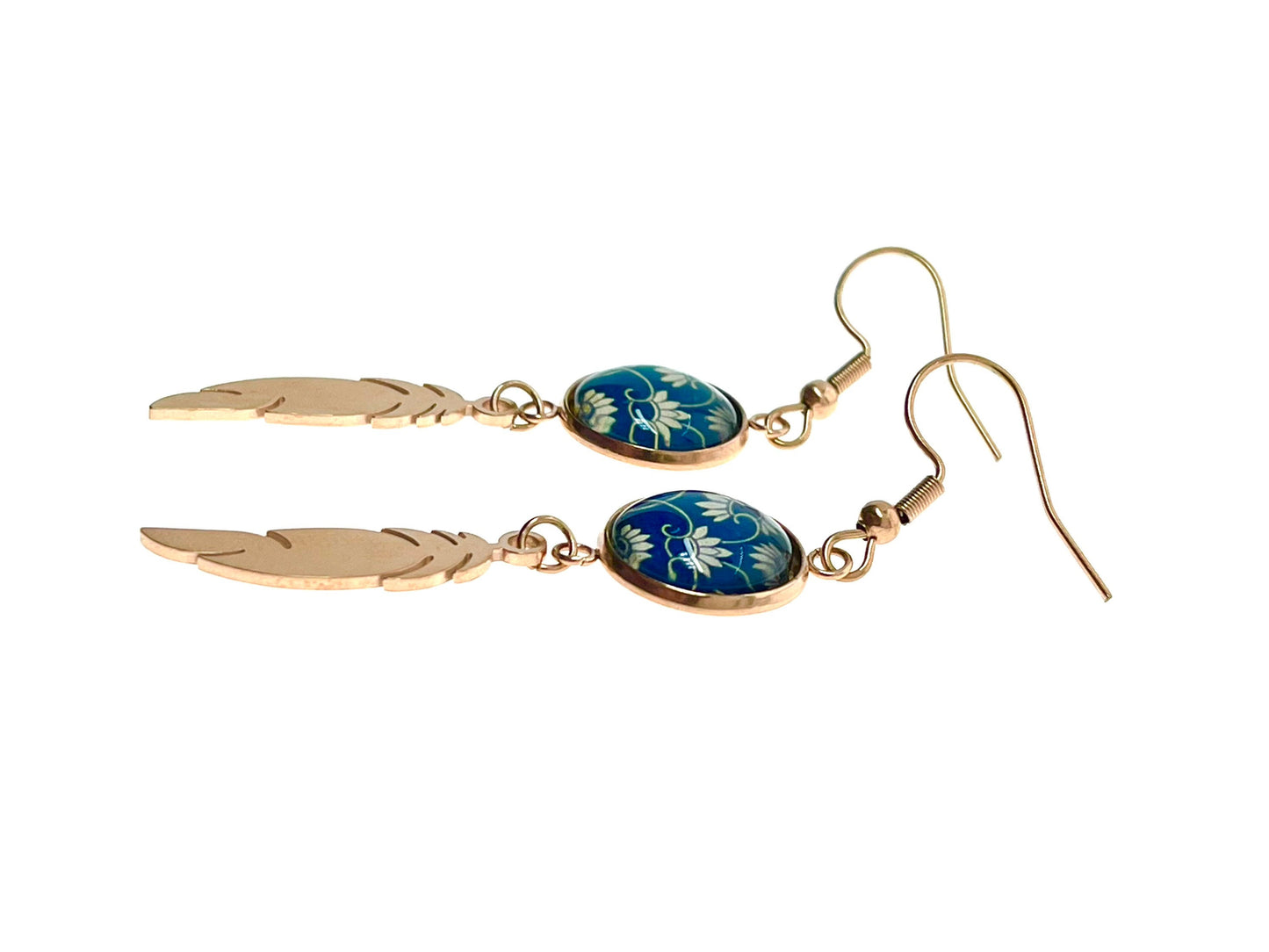 Blue Belle Feather Earrings, Rose Gold Drop Dangle Accessory, Small Photo Glass Cabochon Charm, Ear Wire for Woman, Boho Love Obsession