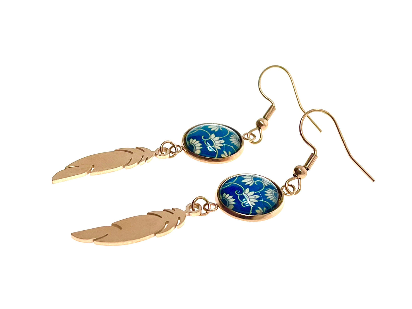 Blue Belle Feather Earrings, Rose Gold Drop Dangle Accessory, Small Photo Glass Cabochon Charm, Ear Wire for Woman, Boho Love Obsession