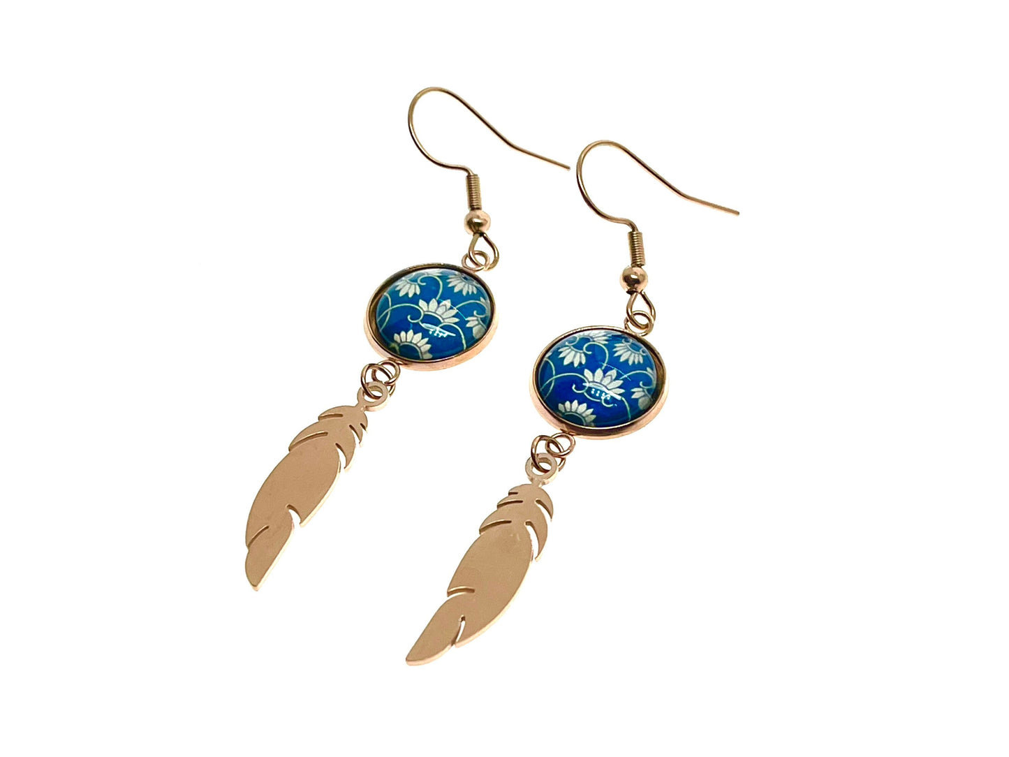 Blue Belle Feather Earrings, Rose Gold Drop Dangle Accessory, Small Photo Glass Cabochon Charm, Ear Wire for Woman, Boho Love Obsession