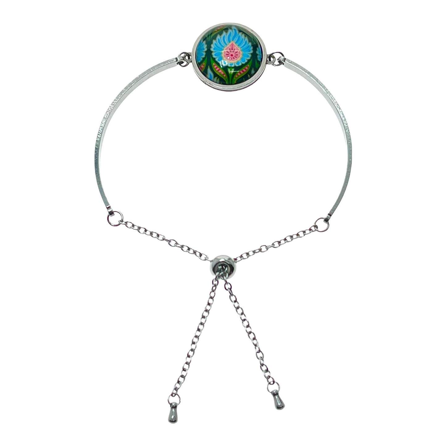 Blue Fuzzy Flower Sliding Bead Bracelet, Adjustable Chain Bracelet, Bohemian Womens Bangle, Unique Boho Jewelry, BohoLoveObsession