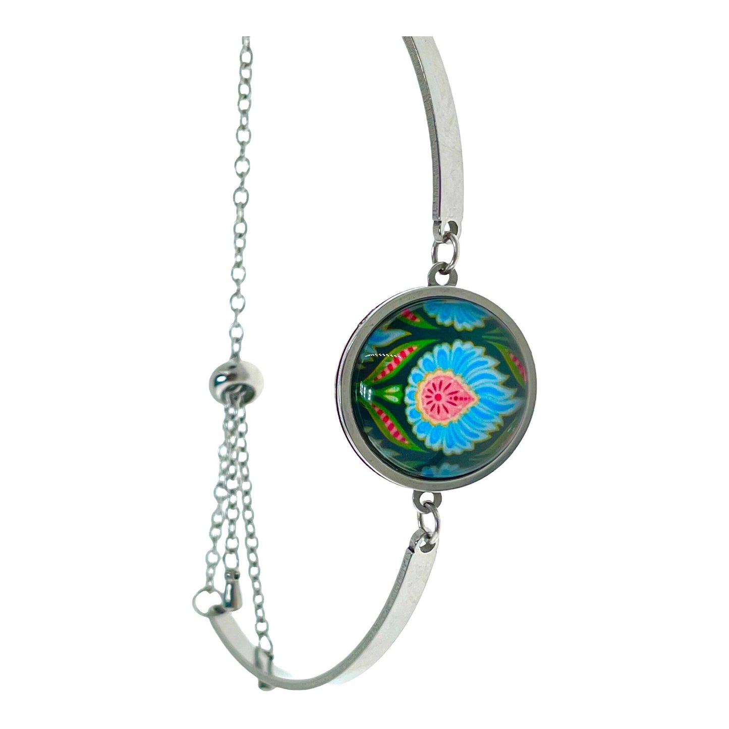 Blue Fuzzy Flower Sliding Bead Bracelet, Adjustable Chain Bracelet, Bohemian Womens Bangle, Unique Boho Jewelry, BohoLoveObsession