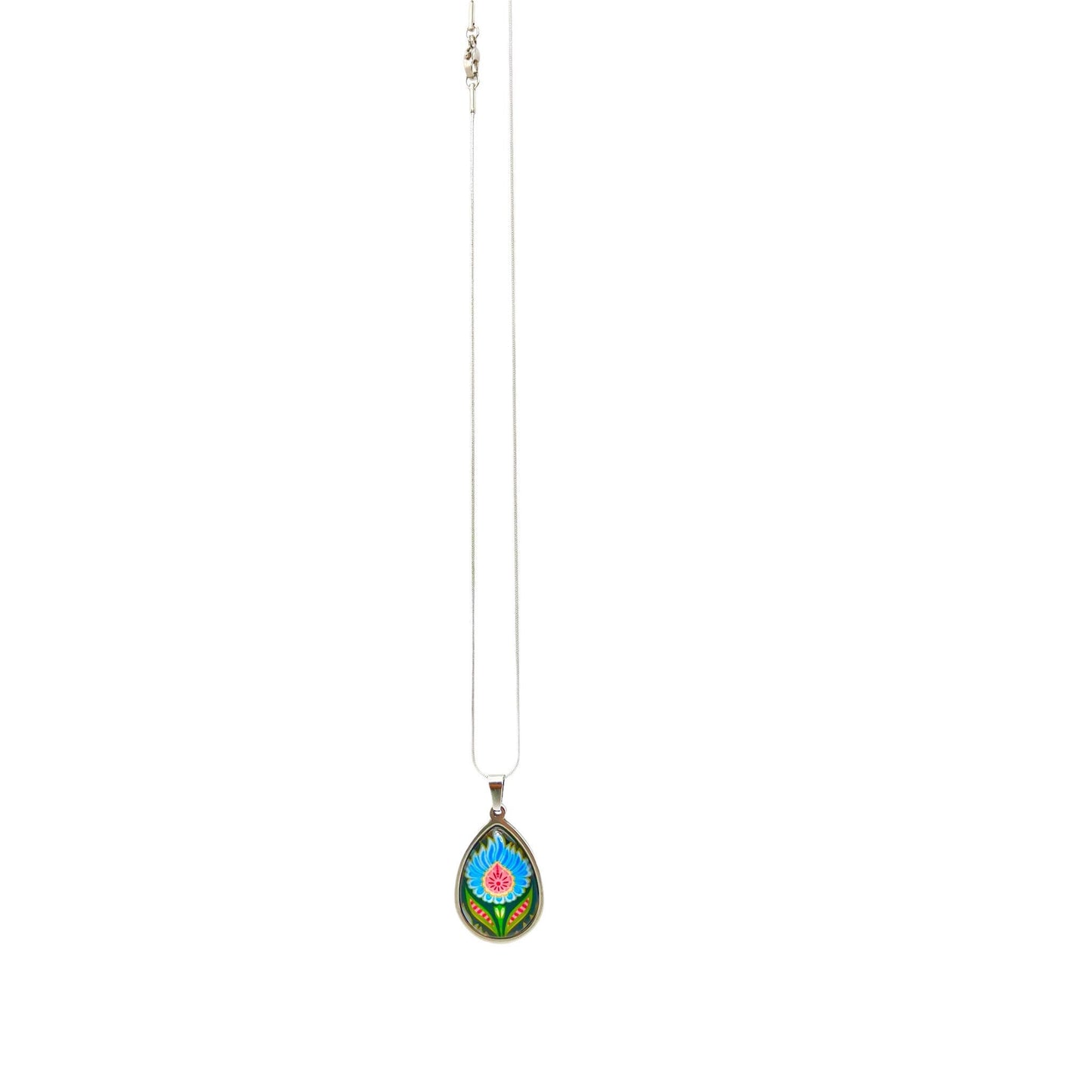 Blue Fuzzy Flower Teardrop Necklace, Boho Vintage Pendant, Unique Bohemian Necklace, Gift for her, Hippie Retro Chain, BohoLoveObsession