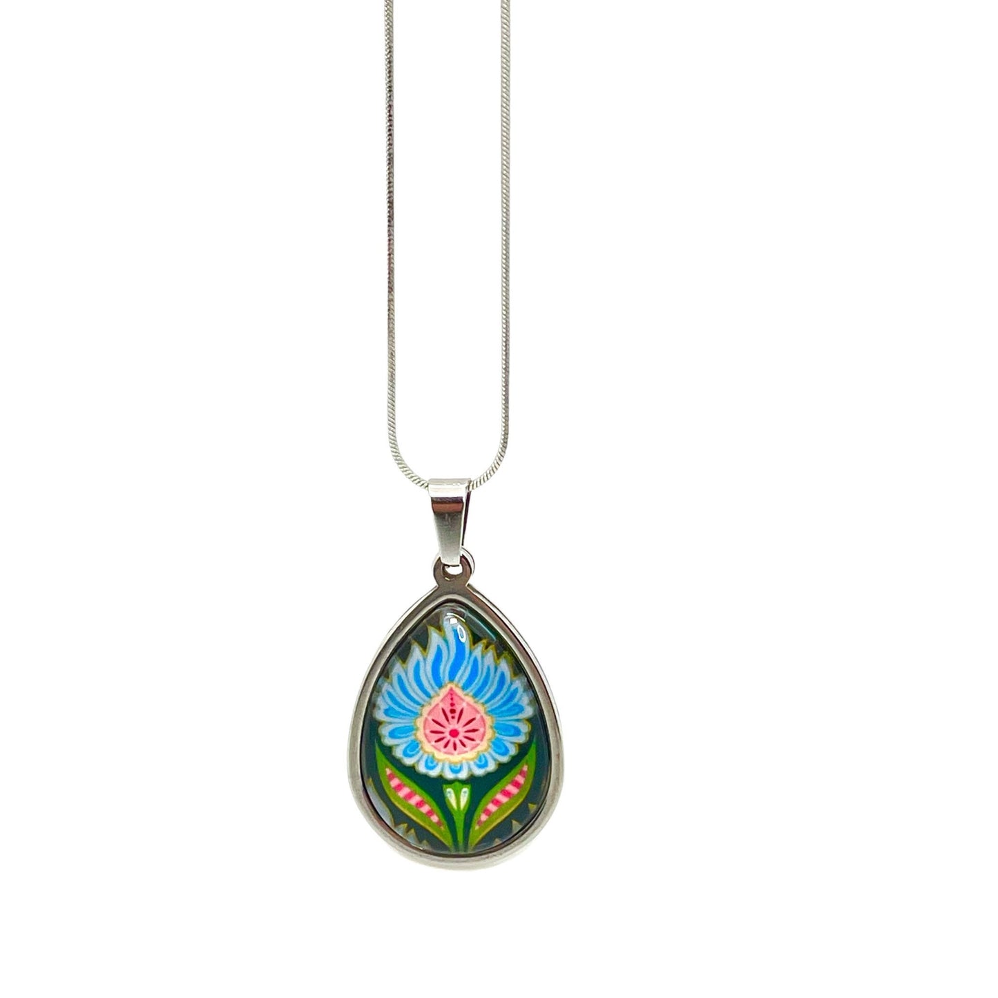 Blue Fuzzy Flower Teardrop Necklace, Boho Vintage Pendant, Unique Bohemian Necklace, Gift for her, Hippie Retro Chain, BohoLoveObsession