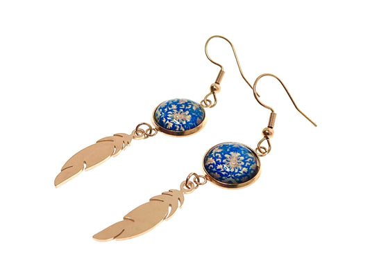 Blue Buttercup Feather Earrings, Rose Gold Drop Dangle Accessory, Small Photo Glass Earrings, Womens Ear Wire Jewelry, Boho Love Obsession