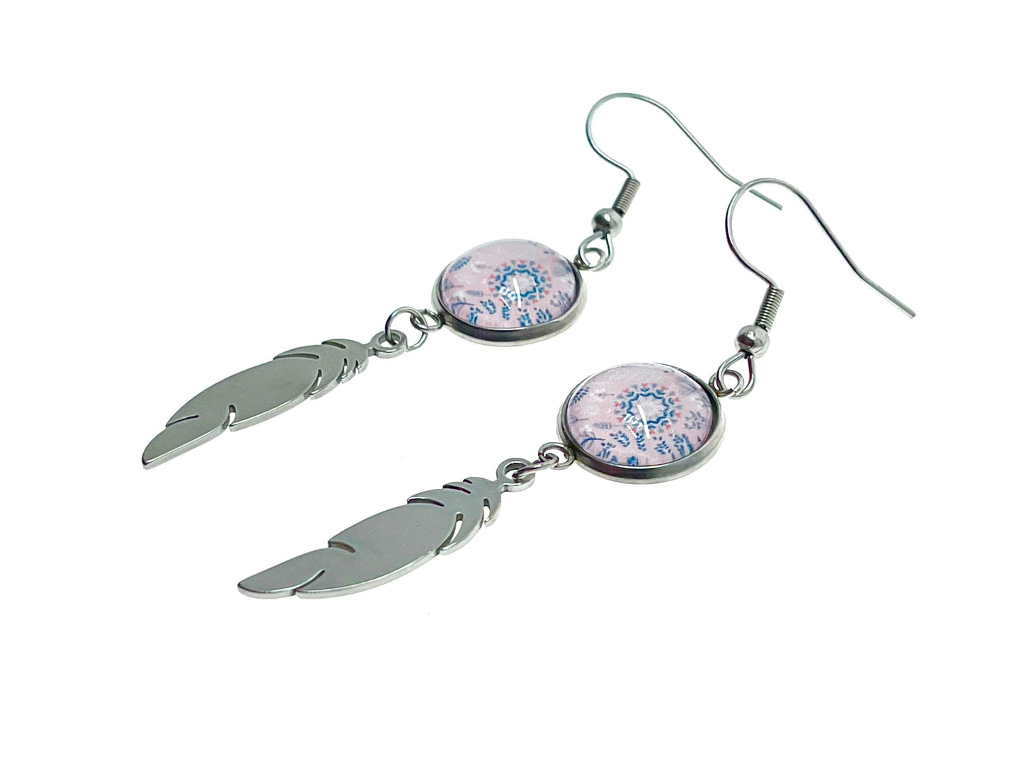 Pretty In Pink Feather Earrings, Mandala Stainless Steel Bohemian Accessory, Retro Gypsy Womens Small Jewelry, BohoLoveObsession