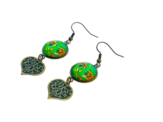 Loving Leaf Dangles|Green Flower & Heart-Shaped Leaf Cabochon Earrings|Gifts for her Mom Sister Girlfriend Wife Aunt| BohoLoveObsession
