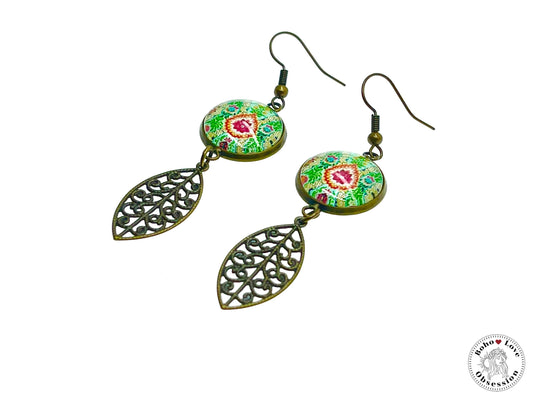 Pistachio Mandala Dangles, Unique Antique Bohemian Jewelry, Vintage Charm Ear Wire, Boho Hippie Drop Dangle Accessory, BohoLoveObsession