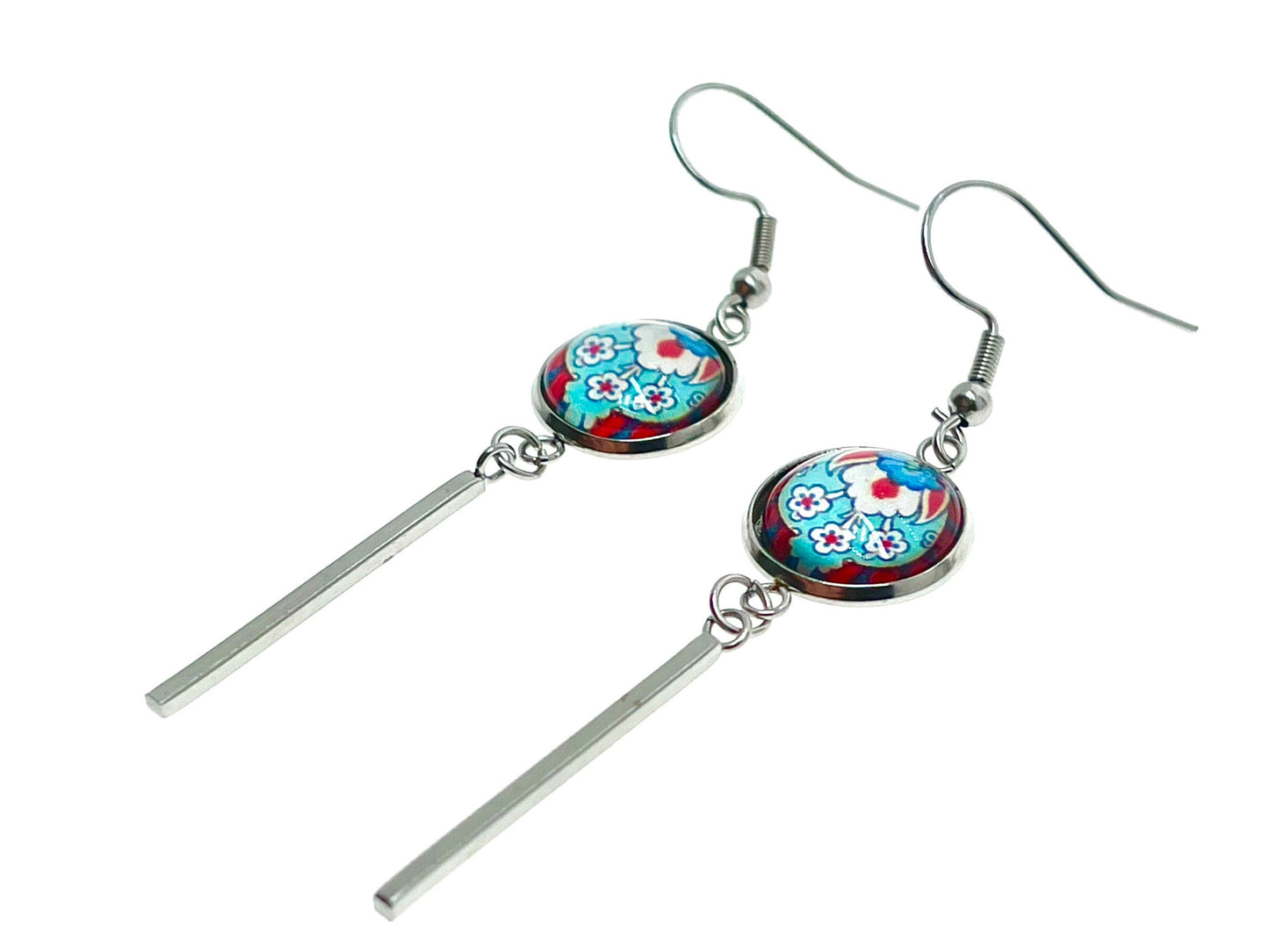 Frilly Flower Long Bar Earrings, Small Cabochon Jewelry, Stainless Steel Ear Wire, Unique Bohemian Accessory, Retro Charm, BohoLoveObsession