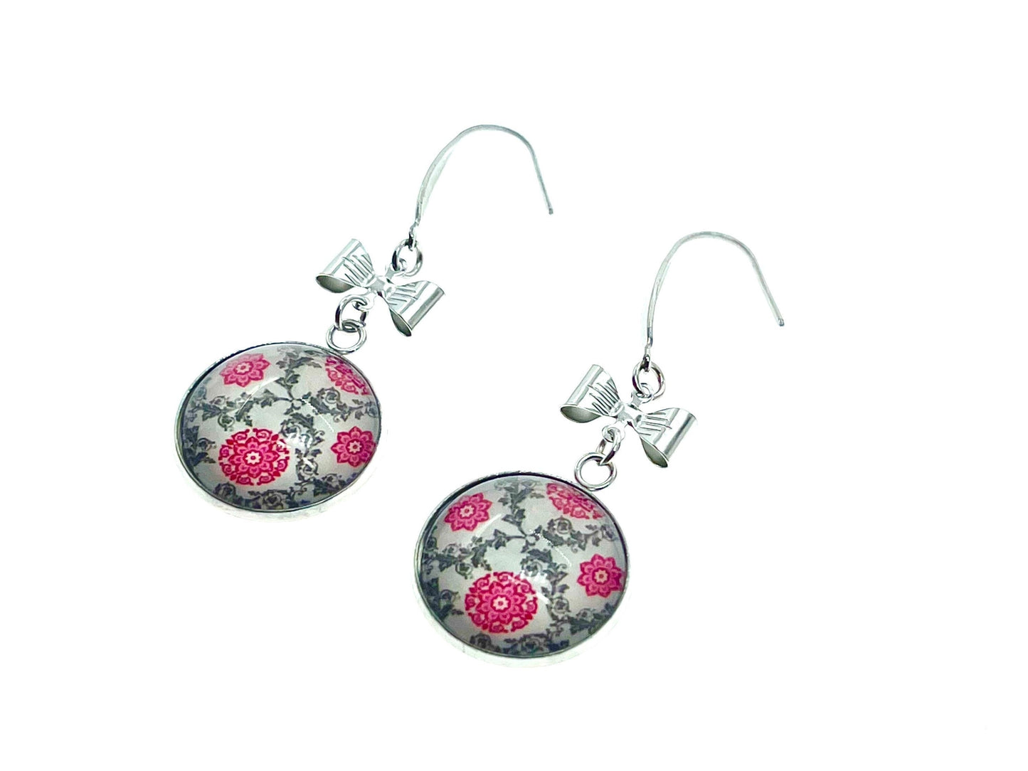 Bows & Lace Dangles|Pink Lacey Floral Cabochon Earrings|Gifts for her Mom Sister Aunt Daughter Girlfriend Grandma Wife| BohoLoveObsession