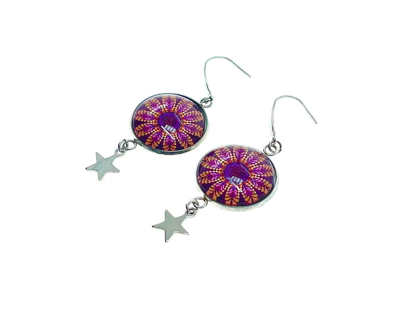Magenta Daisy Star Child Dangles|Deep Pink Flower & Star Cabochon Earrings|Gifts for her Mom Sister Aunt Daughter Wife| BohoLoveObsession