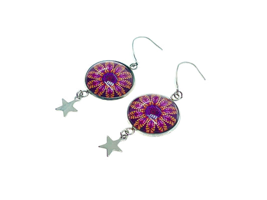 Magenta Daisy Star Child Dangles|Deep Pink Flower & Star Cabochon Earrings|Gifts for her Mom Sister Aunt Daughter Wife| BohoLoveObsession