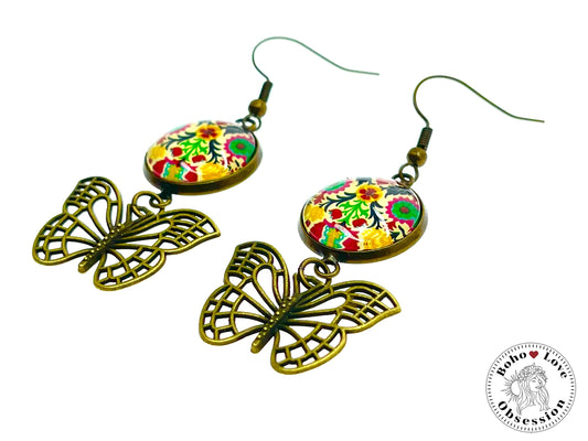 Folk Flower Butterfly Dangles, Unique Bronze Bohemian Jewelry, Vintage Charm Ear Wire, Boho Hippie Drop Dangle Accessory, BohoLoveObsession